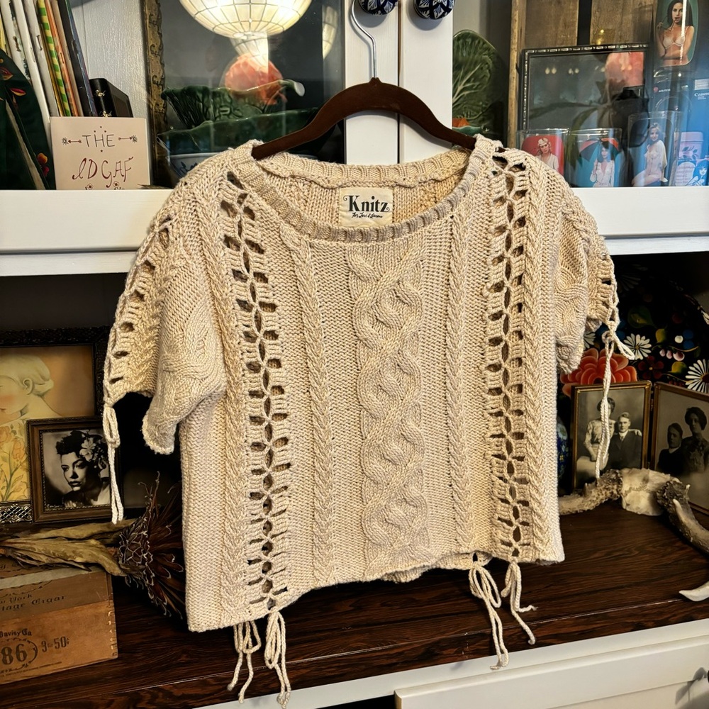 Knitz by For Love and Lemons cream short sleeve cropped cotton sweater top